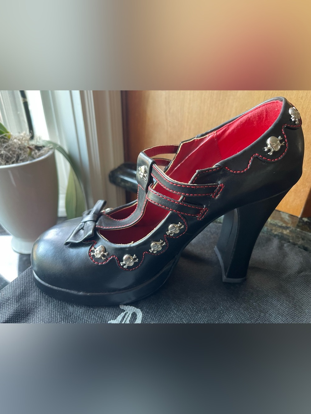 Demonia Black Mary Jane Heels with Red Lining and Skull Studs